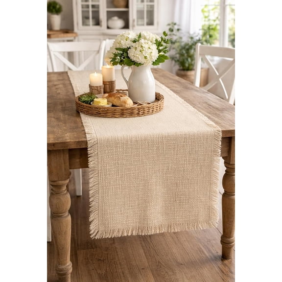 Fennco Styles Beige Cotton Table Runner 14.5 x 72.5 Inches - Soft Woven Basket Weave with Fringe Edges Table Cover for Dining Table, Kitchen & Everyday Dcor