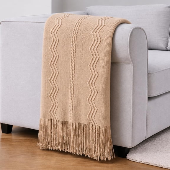 Fennco Styles Beige Knitted Cozy Boho Throw Blanket with Fringe – Soft Woven Textured Decorative Blanket for Couch, Sofa, Bed & All Seasons, 50" x 60"