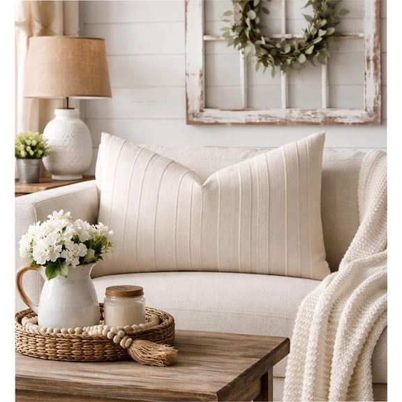 Fennco Styles Beige Textured Striped Lumbar Throw Pillow with Insert 12" X 20" - Modern Accent Pillow for Couch, Home and Neutral Farmhouse Décor, 1-Pack
