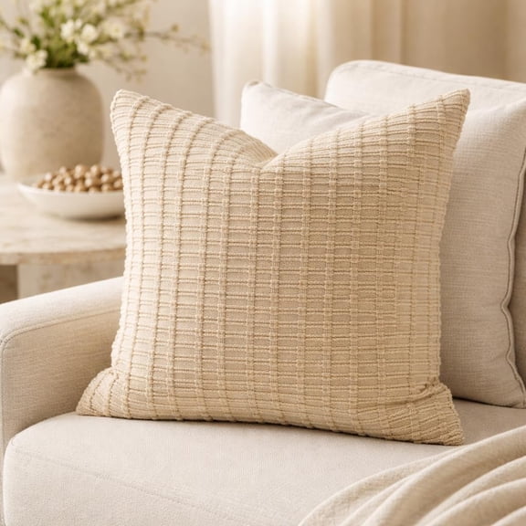 Fennco Styles Beige Woven Textured Filled Throw Pillow 18" X 18" - Decorative Cotton Blend Sofa Cushion for Sofa, Couch & Bed for Home Dcor