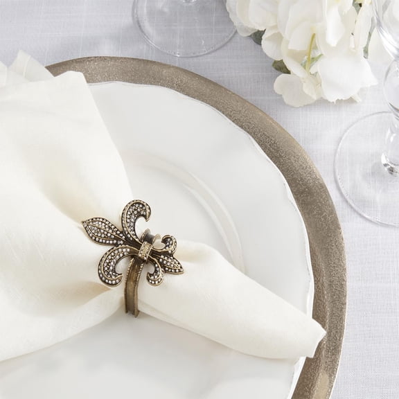 Fennco Styles Bejeweled Fleur De Lis Metal Napkin Rings, Set of 4 - Gold Napkin Holders for Home Decor, Dining Table, Banquets, Family Gathering and Special Occasions