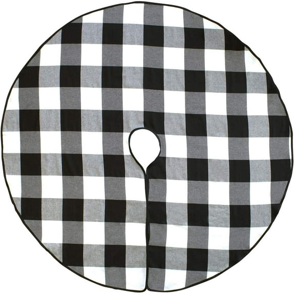 Fennco Styles Black Buffalo Check Plaid Cotton Christmas Tree Skirt 53" Round for Holiday, Home and Indoor Decorations