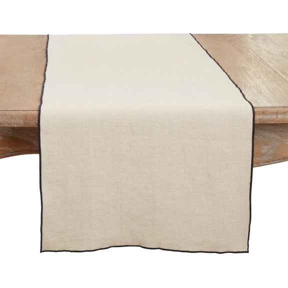 Fennco Styles Black & Natural Stonewashed Stitch Border Table Runner 16" W x 72" L - 100% Linen Solid Color Table Cover for Home, Dining Table Décor, Holidays, Banquets, and Special Occasions
