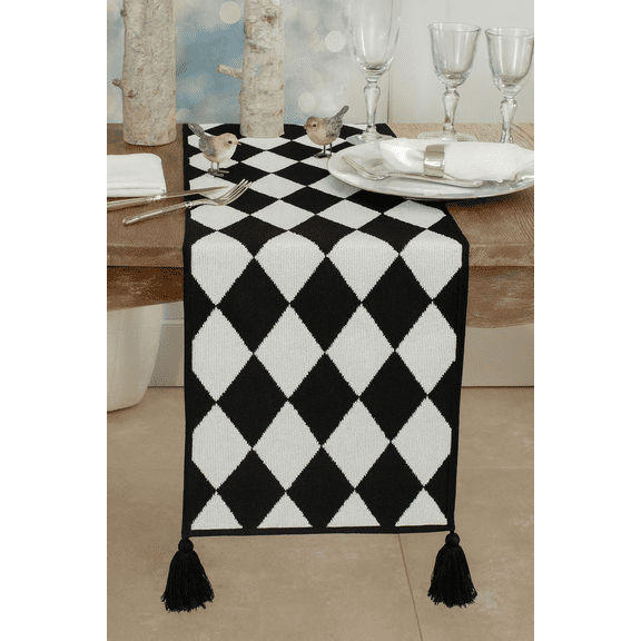 Fennco Styles Black and White Diamond Woven Table Runner - 14 x 71 Inch Checker Runner Table Centerpiece for Dining Home Decor, Indoor Parties, Holiday Events Tassel Table Runner