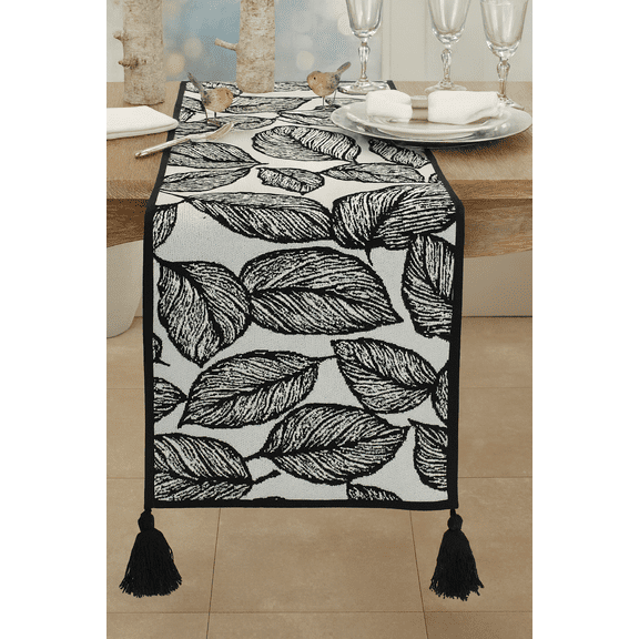 Fennco Styles Black and White Leaf Woven Table Runner - 14 x 71 Inch Reversible Runner Table Centerpiece for Dining Home Decor, Indoor Parties, Holiday Events Tassel Table Runner