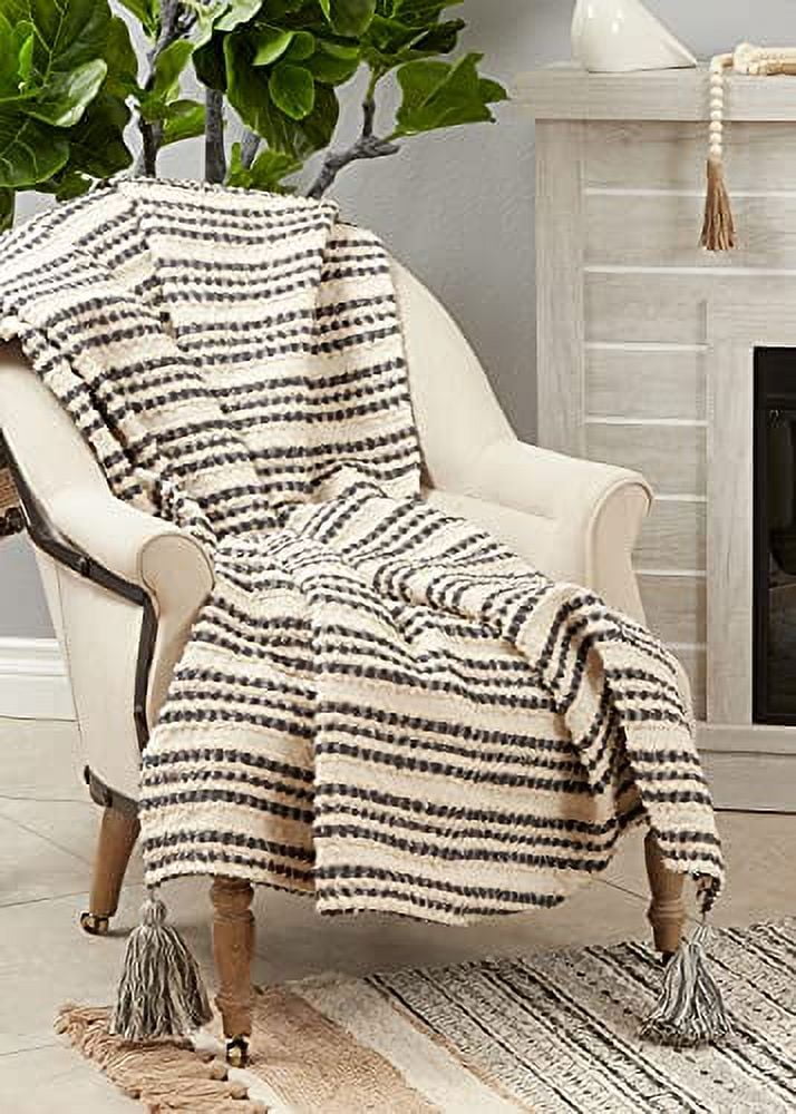 Fennco Styles Black & White Striped Woven Throw Blanket with Tassel 50 W x  60 L – Neutral Textured Blanket for Couch, Bedroom and Living Room Décor