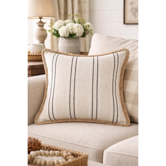 Fennco Styles Black Woven Stripe Design Decorative Filled Throw Pillow 18" X 18" - Neutral Beige Accent Pillow with Braided Trim for Couch, Bed, Home and Cottage Décor, 1-Pack