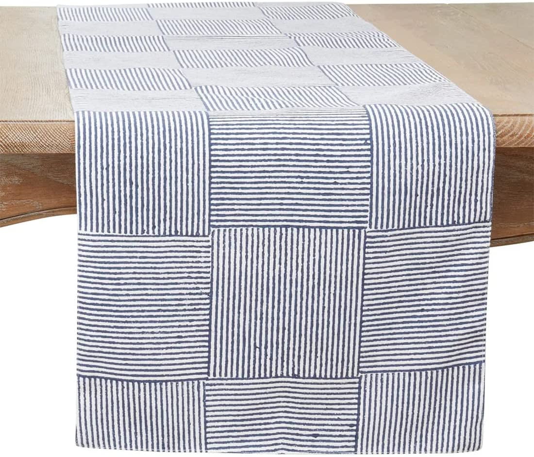 Fennco Styles Block Print Cotton Table Runner 16" W X 72" L Navy Blue