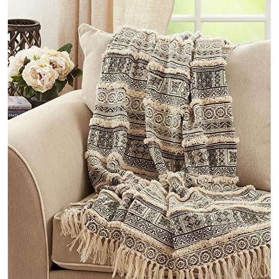 Fennco Styles Block Print Embellished Cotton Throw Blanket with Tassel 50" W x 60" L – Black Tufted Blanket for Couch, Bedroom and Living Room Décor