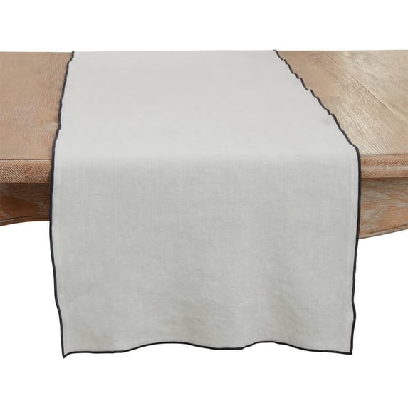 Fennco Styles Blue-Grey Stonewashed Stitch Border Table Runner 16" W x 72" L - 100% Linen Solid Color Table Cover for Home, Dining Table Décor, Holidays, Banquets, and Special Occasions