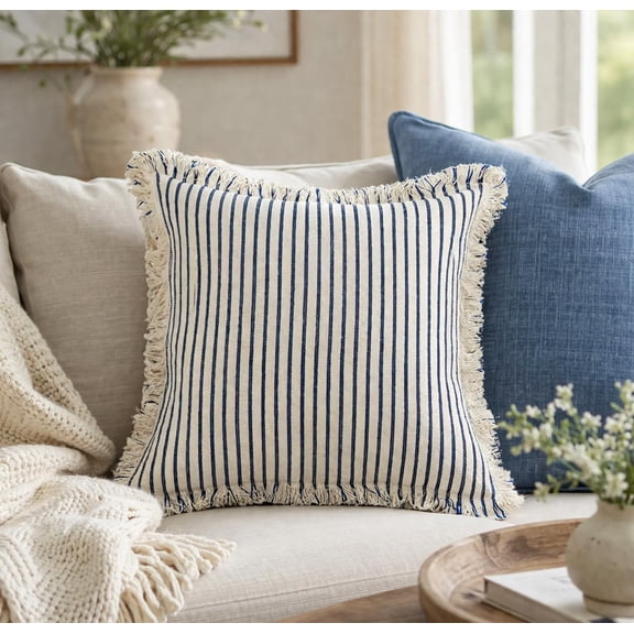Fennco Styles Blue Striped Fringe Cotton Blend Textured Throw Pillow with Insert 18" x 18"