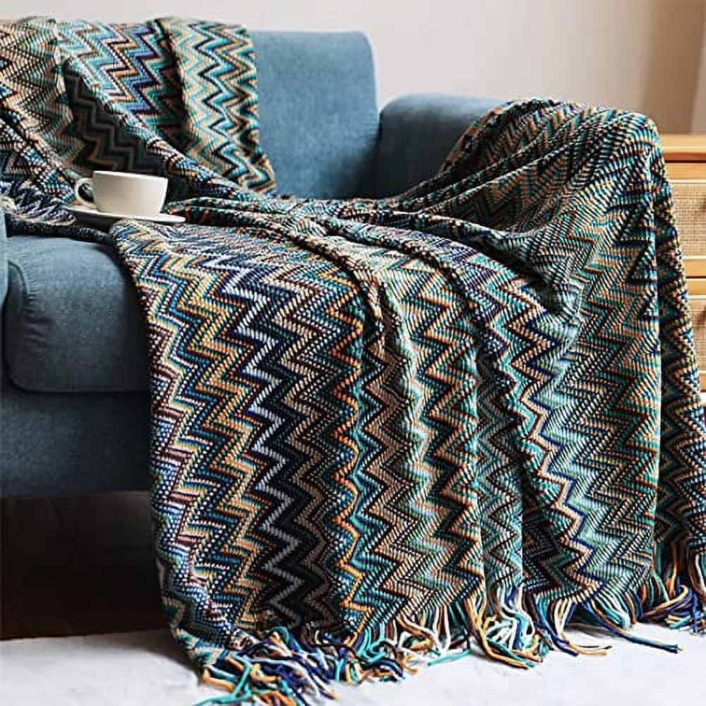 手編み　BOHO blanket ソーダブルー Fennco Styles Blue Zigzag Soft Boho Throw Blanket with
