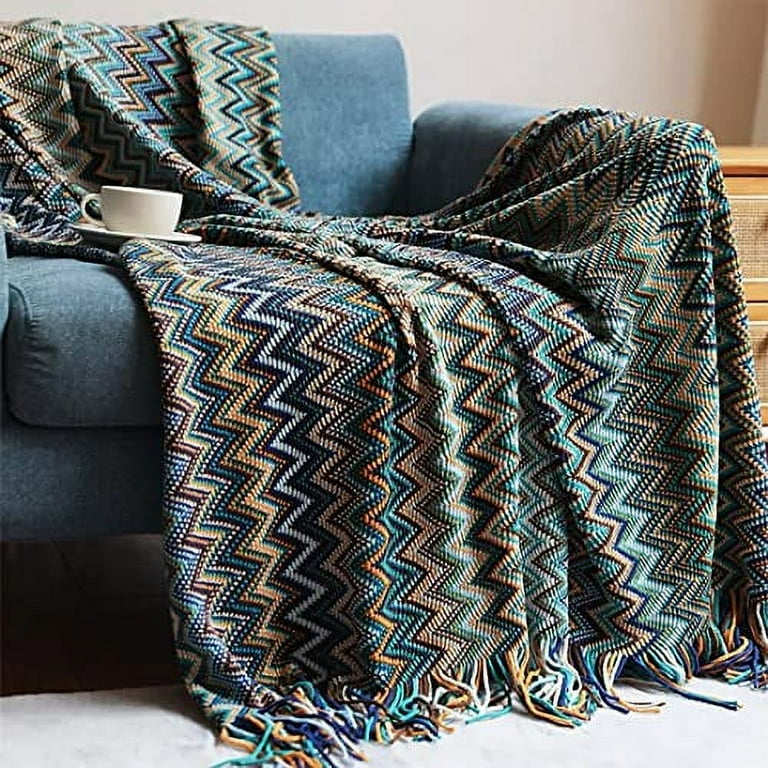 Fennco Styles Blue Zigzag Soft Boho Throw Blanket with Tassel 50