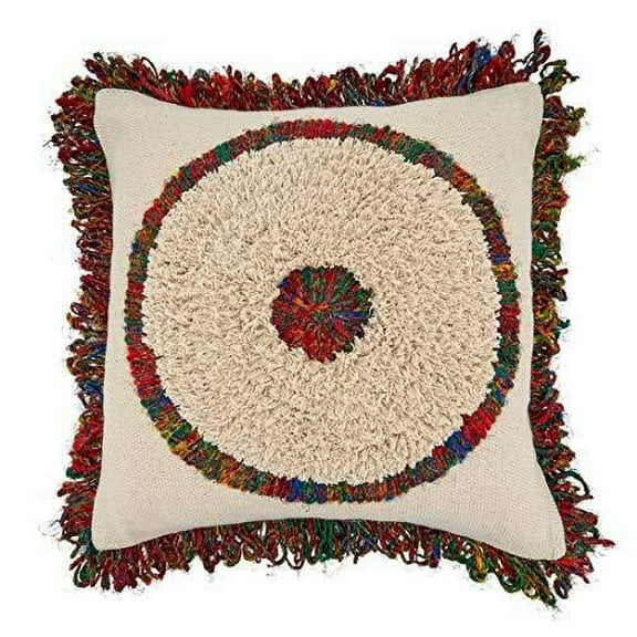 Fennco Styles Boho Circle Fringe Cotton Decorative Throw Pillow 20-Inch Square - Multicolored Cushion for Home, Couch, Living Room, Office and Bedroom Decor
