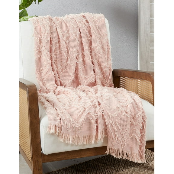 Fennco Styles Boho Fringe Waffle Weave Cotton Throw Blanket 50" W x 60" L – Rose Textured Blanket for Couch, Bedroom and Living Room Décor