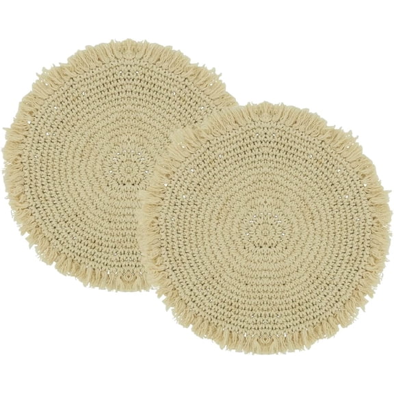 Fennco Styles Boho Macrame Cotton Placemats 15" Round, Set of 2 - Beige Braided Fringe Table Mats for Home, Dining Room, Banquets, Family Gathering and Special Events