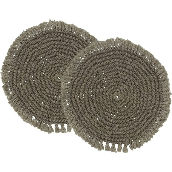 Fennco Styles Boho Macrame Cotton Placemats 15" Round, Set of 2 - Grey Braided Fringe Table Mats for Home, Dining Room, Banquets, Family Gathering and Special Events