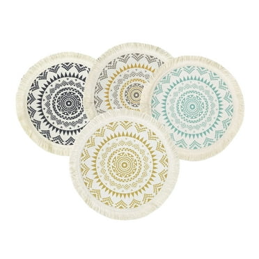 Fennco Styles Boho Mandala Fringe Decorative Cotton Placemats 13-inch Round, Set of 4 - Assorted Colors Heat Resistant Insulation Table Mats for Home Décor, Dining Table, Banquets and Special Events