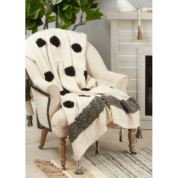 Fennco Styles Boho Tufted Dot Tassel Cotton Throw Blanket 50" W x 60" L – Black & White Woven Blanket for Couch, Bedroom and Living Room Décor