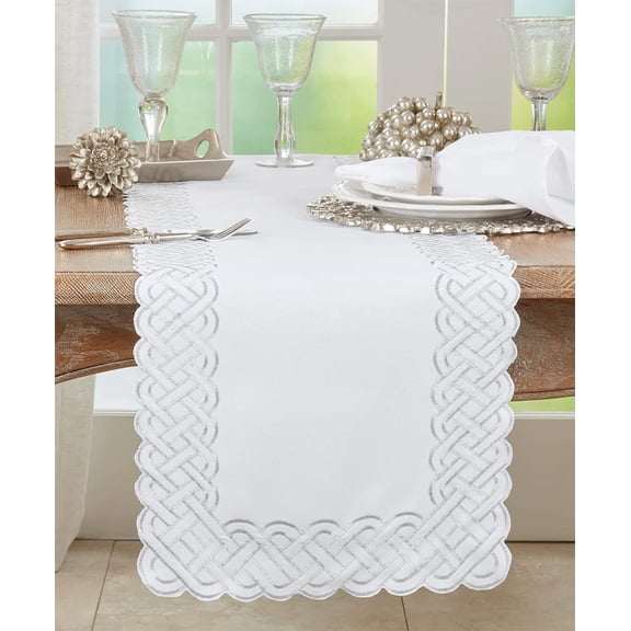 Fennco Styles Braid Embroidered Metallic Border Table Runner 16" W X 90" L - Silver Table Cover for Home Décor, Everyday Use, Christmas, Banquets and Special Events
