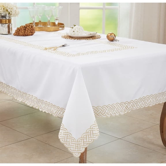 Fennco Styles Braid Embroidered Metallic Border Tablecloth 65" W x 140" L - Gold Table Cover for Home Décor, Everyday Use, Christmas, Banquets and Special Events