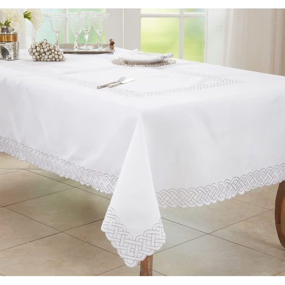 Fennco Styles Braid Embroidered Metallic Border Tablecloth 65" W x 90" L - Silver Table Cover for Home Décor, Everyday Use, Christmas, Banquets and Special Events
