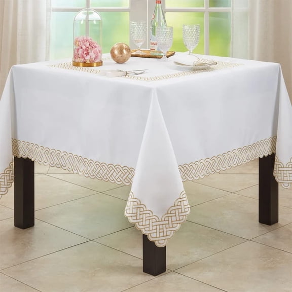 Fennco Styles Braid Embroidered Metallic Border Tablecloth 70" W x 70" L - Gold Table Cover for Home Décor, Everyday Use, Christmas, Banquets and Special Events