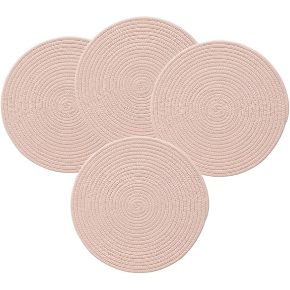 Fennco Styles Braided Design Reversible Everyday Placemats 14" Round, Set of 4 - Pink Cotton Blend Textured Heat Resistant Insulation Table Mats for Home, Kitchen Décor, Dining Table and Holidays