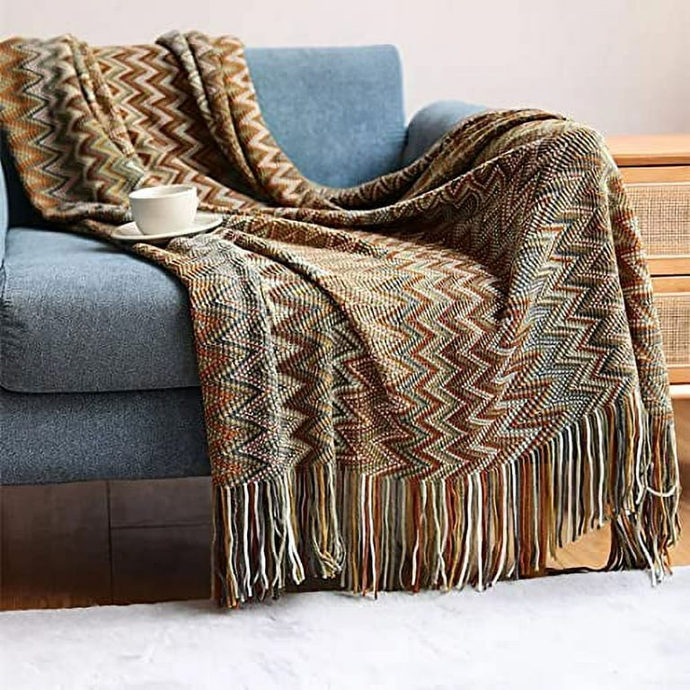 Fennco Styles Brown Zigzag Soft Boho Throw Blanket with Tassel 50
