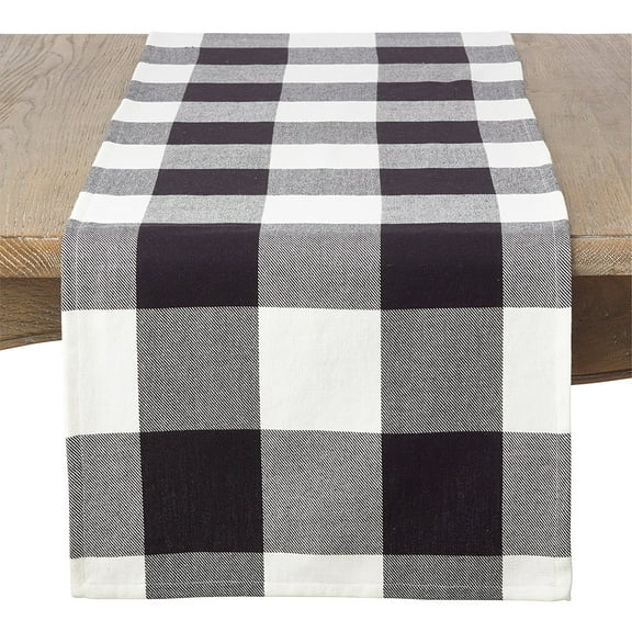 Fennco Styles Buffalo Check Plaid Cotton Table Linen Throw Pillow Tablecloth Runner Napkin Placemat (White, 16"x120" Table Runner)