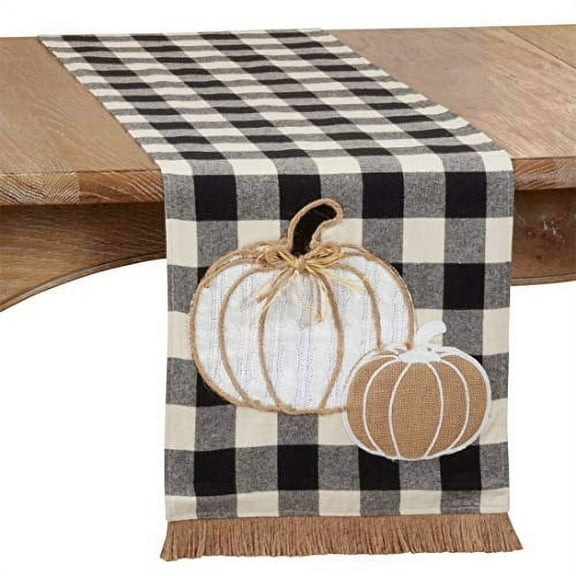 Fennco Styles Buffalo Plaid Harvest Pumpkin Fringe Table Runner 14" W X 72" L - Black & White Traditional Table Cover for Home, Banquets, Thanksgiving, Christmas, Family Gath