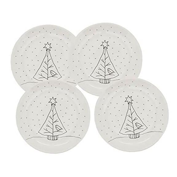 Fennco Styles Cartoon Christmas Tree Holiday Salad Plates 8" Round, Set of 4 - White Dolomite Serving Plate for Home, Christmas Décor, Kitchen, Family Gathering and Special Occasion