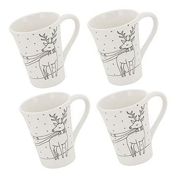 Fennco Styles Cartoon Reindeer Dolomite Mugs 4-Piece, 5”H x 3”W - White Holiday Coffee Mug Microwave Safe Beverage Set for Home, Family Gathering, Special Occasion and Christmas Décor