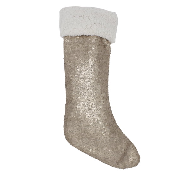 Fennco Styles Charming Sequin and Sherpa Border Christmas Tree Skirt (10"x18" Stocking, Champagne)