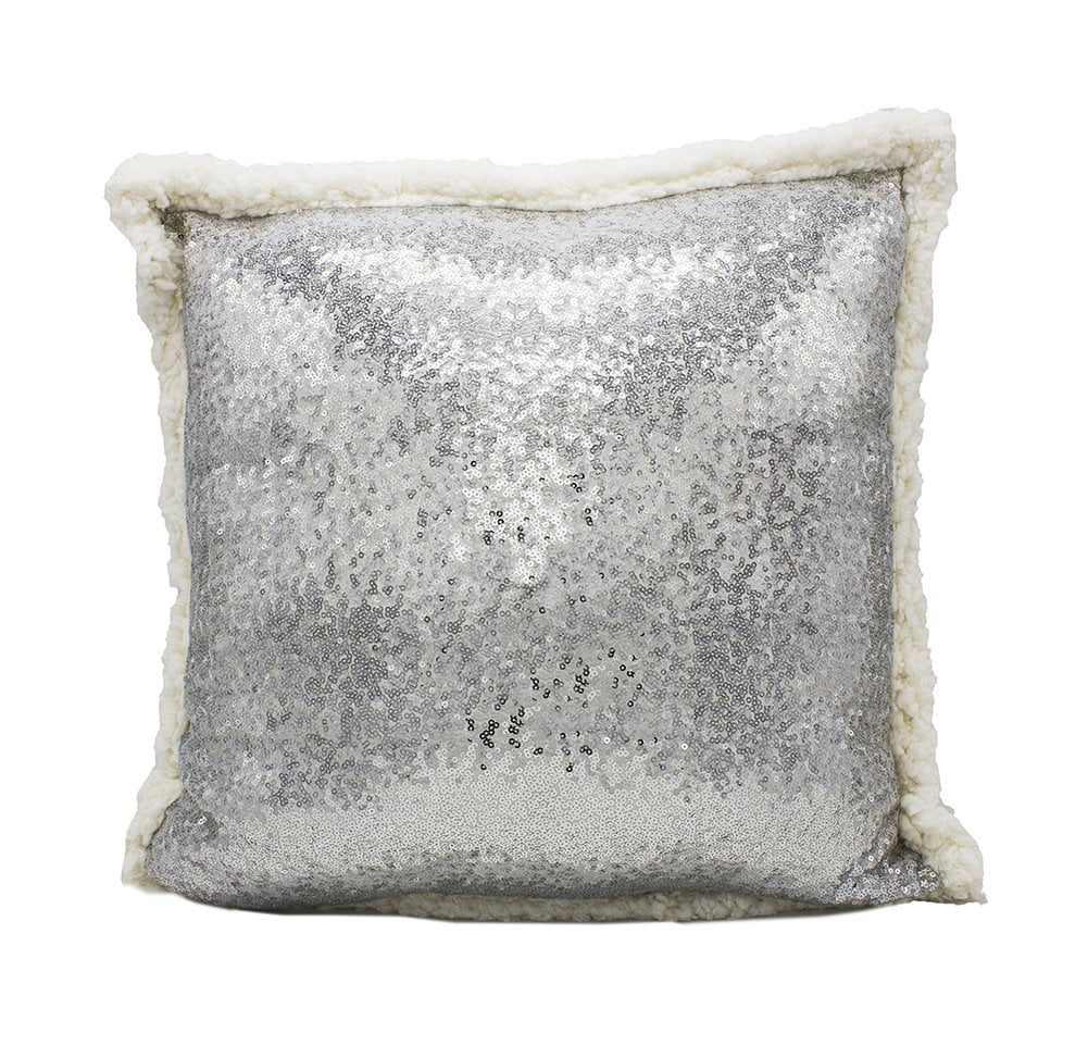 18" Silver Sequin and Faux Shearling Square Throw Pillow