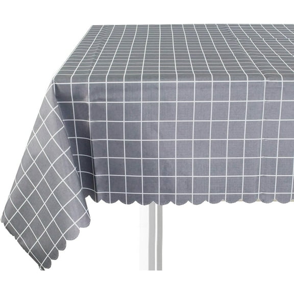 Fennco Styles Check Plaid Waterproof Scalloped 55 x 55 Inch Square Tablecloth Grey