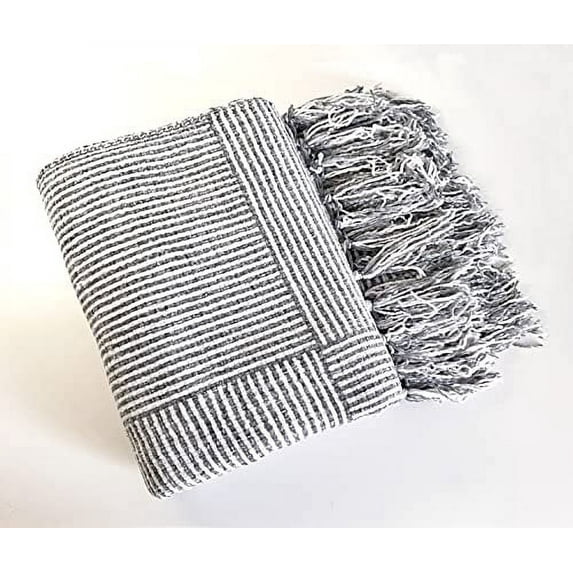 Fennco Styles Chenille Woven Striped Tassel Throw Blanket 50" W x 60" L - Grey Soft Blanket for Bed, Couch, Sofa, Home, Office and Holidays Décor
