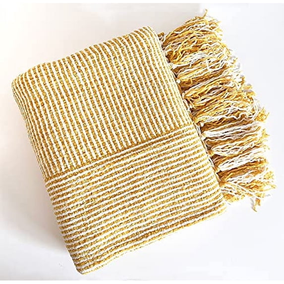Fennco Styles Chenille Woven Striped Tassel Throw Blanket 50" W x 60" L - Mustard Yellow Soft Blanket for Bed, Couch, Sofa, Home, Office and Holidays Décor