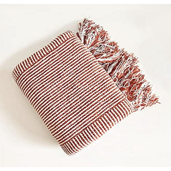 Fennco Styles Chenille Woven Striped Tassel Throw Blanket 50" W x 60" L - Orange Soft Blanket for Bed, Couch, Sofa, Home, Office and Holidays Décor