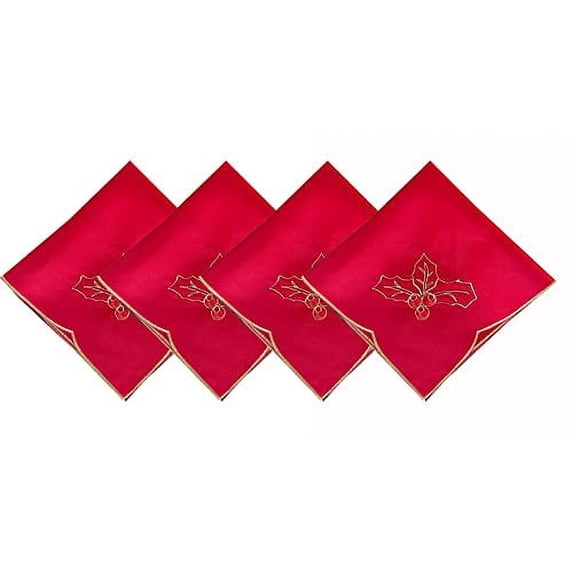 Fennco Styles Christmas Embroidered Holly Cloth Napkins 20" W x 20" L, Set of 4 – Red Dinner Napkins for Home, Holiday Décor, Family Gathering, Banquets, Special Occasion