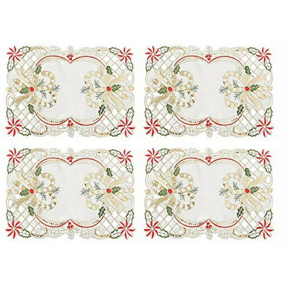 Fennco Styles Christmas Embroidered Sequin Candy Cane Holly Ribbon Placemats 13" W x 19" L, Set of 4 - Ivory Table Mats for Home, Holiday Décor, Family Gathering, Banquets, Special Occasion