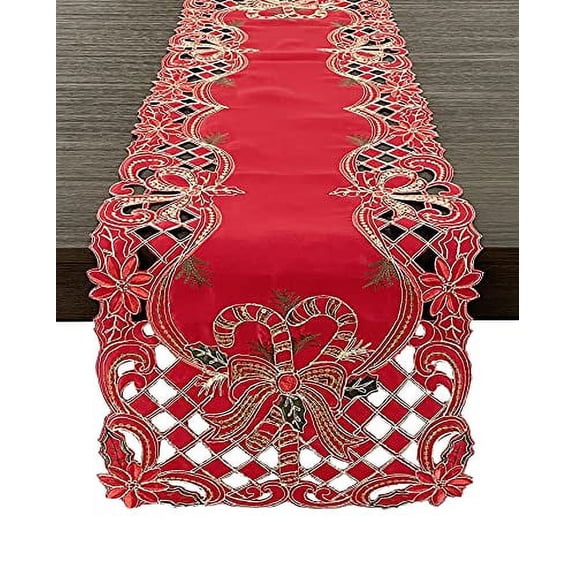 Fennco Styles Christmas Embroidered Sequin Holly Bow and Candy Cane Cutwork Border Table Runner 16" W x 88" L - Red Table Cover for Home, Holiday Décor, Dining Room, Banquet and Special Occasion