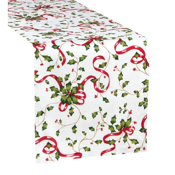 Fennco Styles Christmas Holly Ribbon Print Table Runner 16 x 90 Inch
