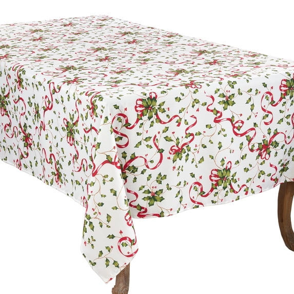 Fennco Styles Christmas Holly Ribbon Print Tablecloth 60 x 160 Inch