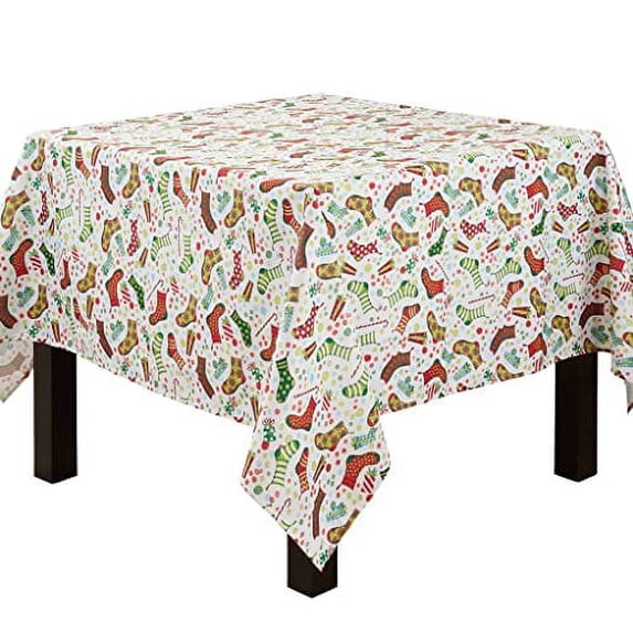 Fennco Styles Christmas Stockings Holiday Tablecloth 65" W X 104" L - Multicolor Stocking Print Festive Table Cover for Christmas Décor, Dining Room, Banquet, Family Gathering and Special Events