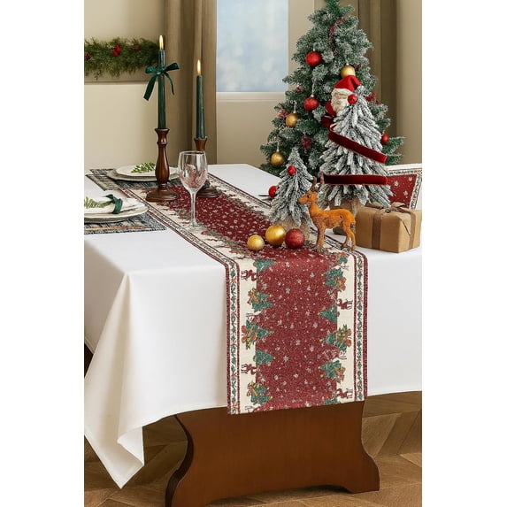 Fennco Styles Christmas Tree & Deer Festive Table Runner 13" x 72" - Burgundy Table Cover for Winter Holidays, Banquets, Family Gatherings and Special Occasions