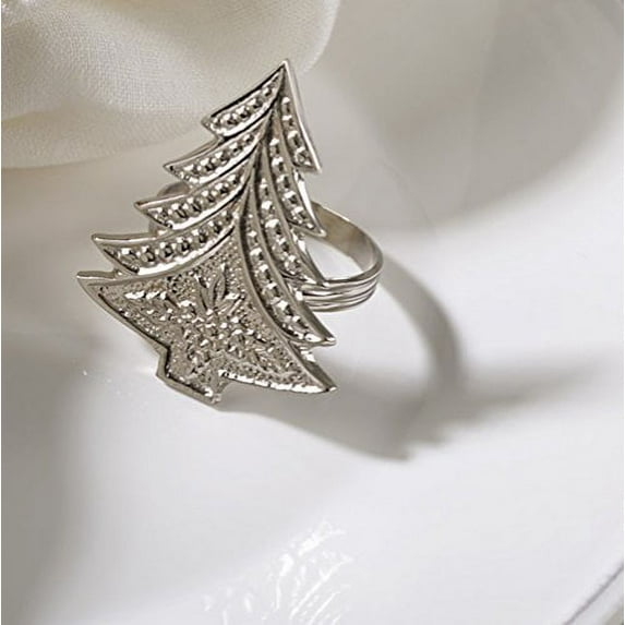 Fennco Styles Christmas Tree Design Napkin Rings - Sold Per 4 (Silver)