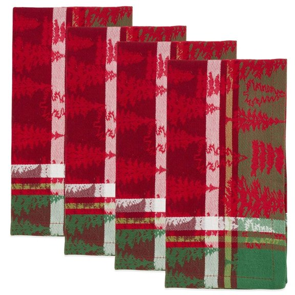 Fennco Styles Christmas Tree Plaid Design 100% Cotton Cloth Napkin 20 x 20 Inch, Set of 4 - Red Dinner Napkins for Home, Holiday, Family Gathering and Special Ocassion