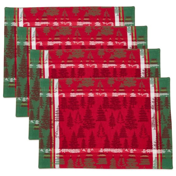Fennco Styles Christmas Tree Plaid Design 100% Cotton Placemats 13 x 19 Inch, Set of 4 - Red Table Mats for Home, Holiday, Family Gathering and Special Ocassion