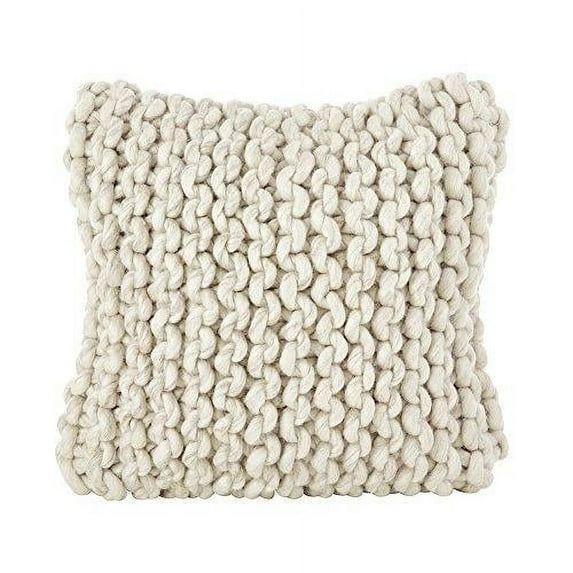 Fennco Styles Chunky Cable Knit Premium 100% Wool Woven Decorative Throw Pillow Cover - Ivory 18" Square Cushion Case for Couch, Bedroom and Living Room Décor